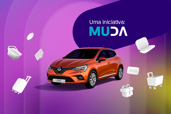 Renault laranja com ícones de compras e texto: 